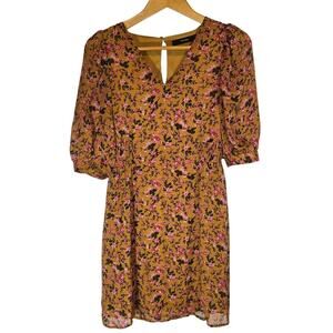 Vero Moda Medium Mustard‎ Orange Floral Puff Sleeve Knee Dress Smocked Boho